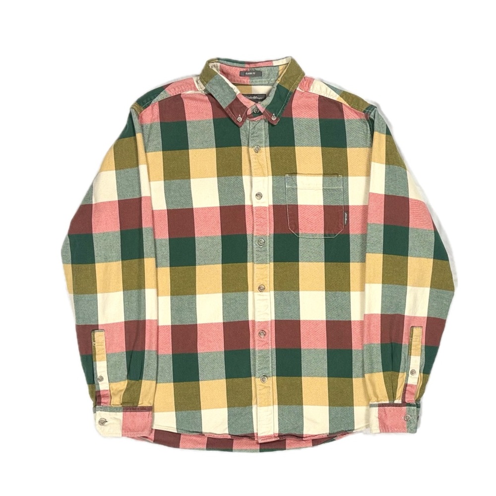 Eddie Bauer pink‎ green Pastel plaid classic fit button up shirt mens large
